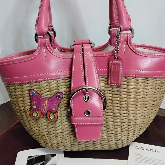 Coach Limited Edition Hand woven Straw & Pink Leather Tote & Coach dust bag. - Picture 3 of 14